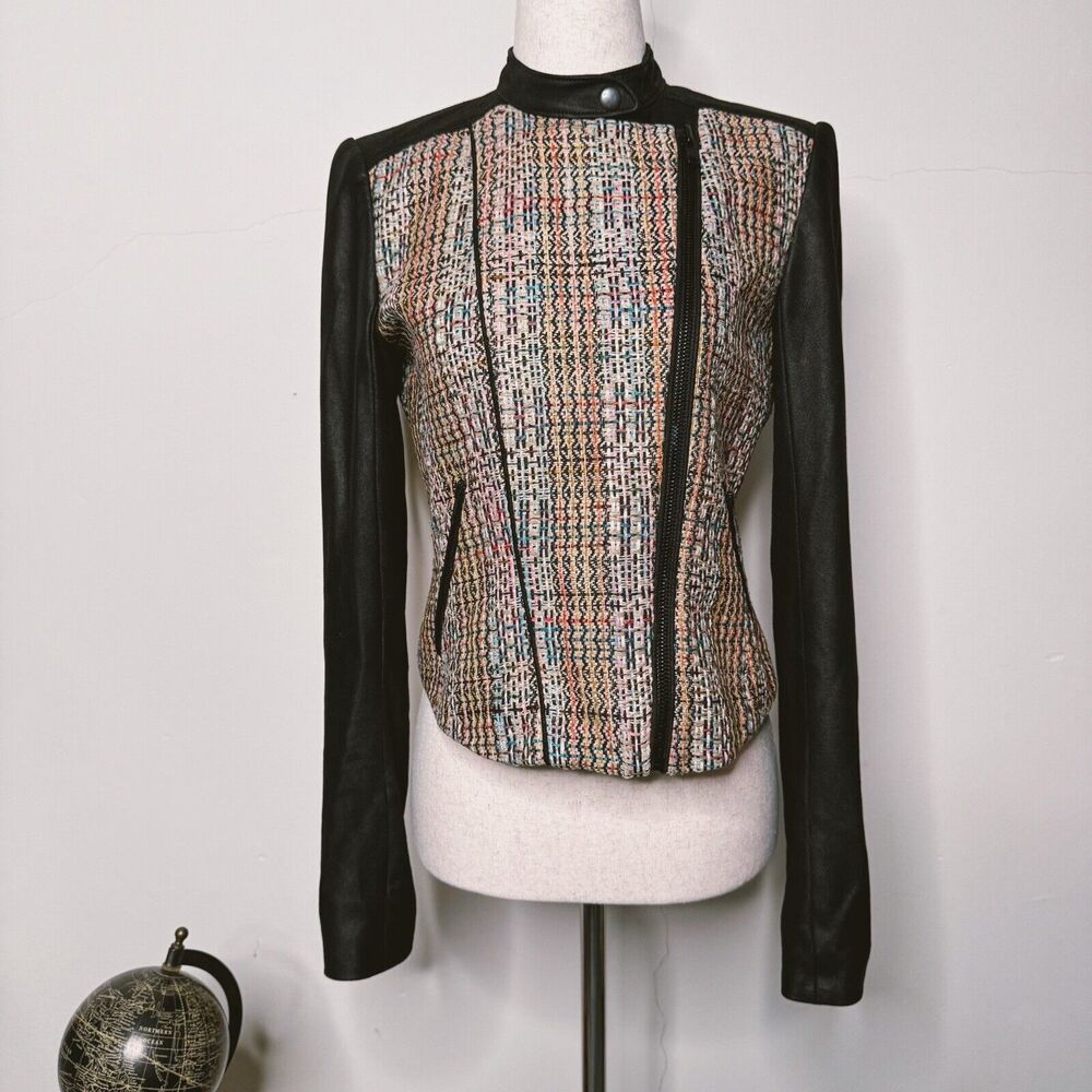 Theory Scheli Silk Tweed Goat Suede Leather Jacket Black Chromatic Moto XS